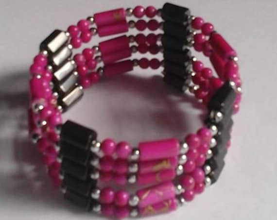 Vintage Magnetic Hematite Necklace, Magnetic Therapy Beads, Magnetic Hematite and Pink Glass Beads, Interchangeable as Choker, Bracelet