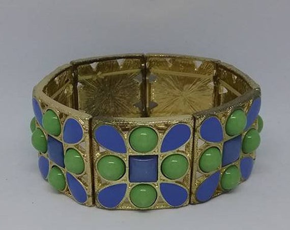 Retro Stretch Cuff, Blue and Green Stretch Cuff, Retro Wide Bangle, Retro Wide Bracelet, Milk Glass Look Cuff, Statement Retro Bracelet