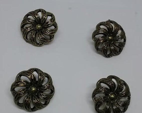 Set of 4 Vintage, Antiqued Floral Filigree Buttons,