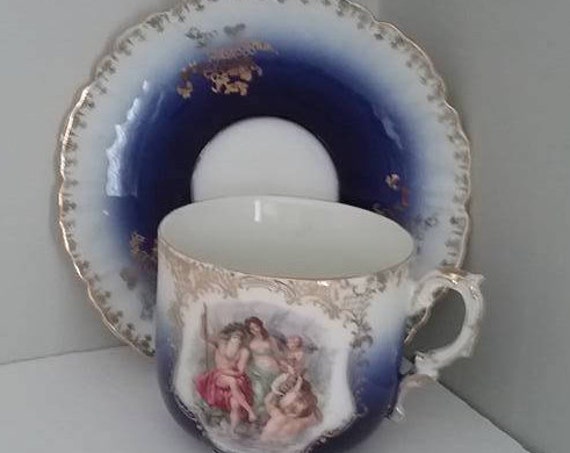 Royal Bavarian Cobalt Cup and Saucer, PBM Royal Bavarian China, Blue and White Scene of Neptune. Baroque Style Bavarian Large Cup and Saucer