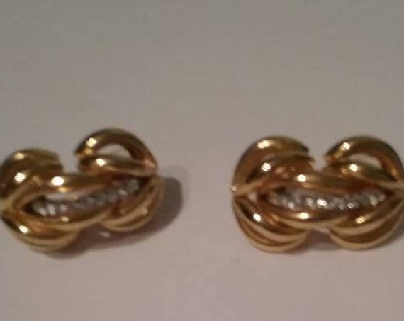 Retro Open Triple Knotted Gold Tone Earrings, Love Knots Pierced Earrings, Golden and Rhinestone Infinity Knot Earrings, #Retroinfinityknot
