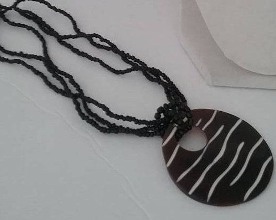 Lucite brown/black Circle Pendant with Zebra stripe, Zebra Look Pendant Choker, Seed Bead and Lucite Pendant Choker, Zebra Look Pendant