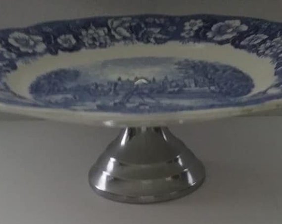 Vintage Palissy Pedestal Cake Plate, Palissy Blue and White Cake Stand, Palissy Staffordshire Cake Pedestal Plate, Delft-like Cake Stand
