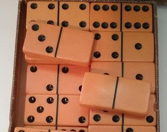 Vintage Dominoes, Vintage Butterscotch Bakelite Dominoes, Vintage Dominoes in Original Box, Bakelite Butterscotch Complete Dominoes Set