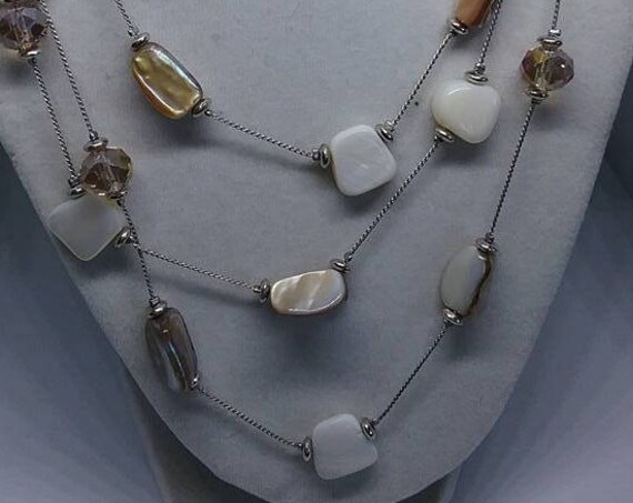 Silver 3 Strand Glass Bead Necklace, Three Strand Silver Tone Chain with Glass Beads, Silver and Glass Bead Necklace, Wedding Beads
