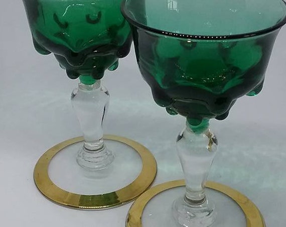 Vintage Sherry Glasses, Stemmed Green Glass Sippers