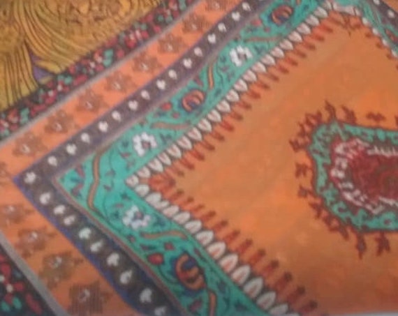 2 Yards Chiffon Material, Turquoise and Orange Patchwork, Soft Georgette, Boho Chic Fabric
