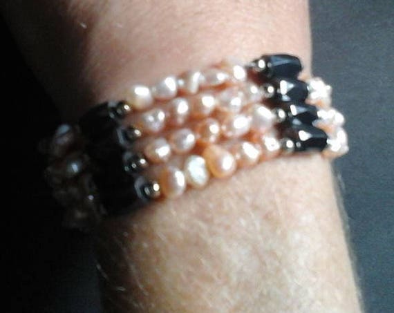 Vintage Magnetic Hematite and Pink Freshwater Pearls, Magnetic Healing Jewelry, Vintage Magnetic Hematite Necklace, Bracelet