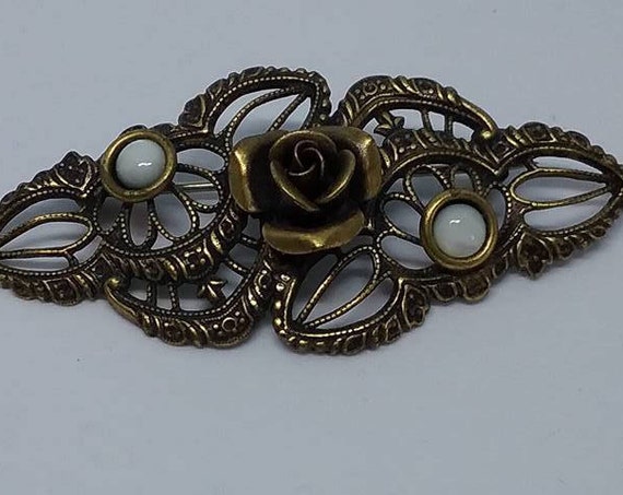 Vintage Rose and Filigree Brooch