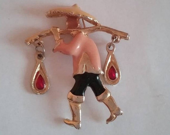 Asian Inspired Figural Brooch, Man Carrying Yoke