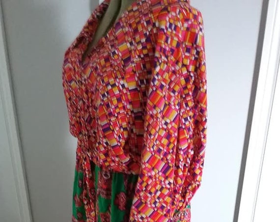 Trendy Plus Size Vintage Dress, Vintage 2XL Boho Dress, Vintage Trendy Plus Size Boho Dress, Geometric Colorful Hippie Dress, Handmade Dress