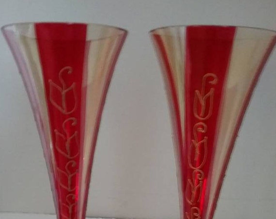 Red Glass Champagne Flutes, Hollow Stemmed