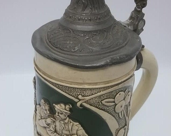 Antique German Beer Stein, Pewter Lid