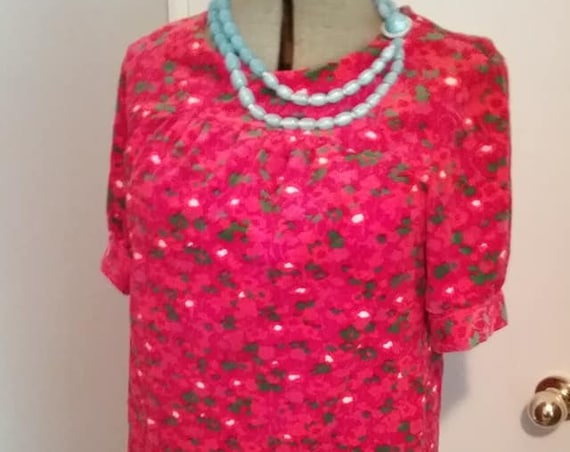 1970's Vintage Red Velour Mini Dress, pink floral