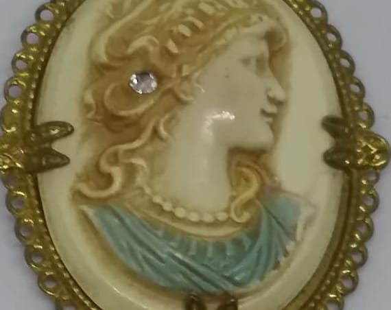 Vintage Celluloid Cameo Brooch, With Rhinestone, Brass Scroll Setting