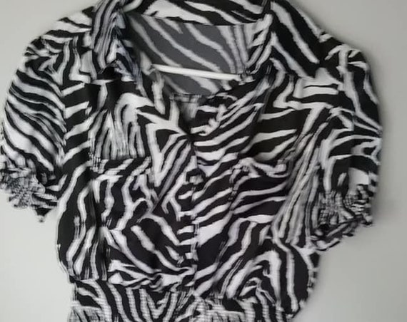 Vintage Animal Print Blouse, Cropped and Ruched Blouse, Zebra