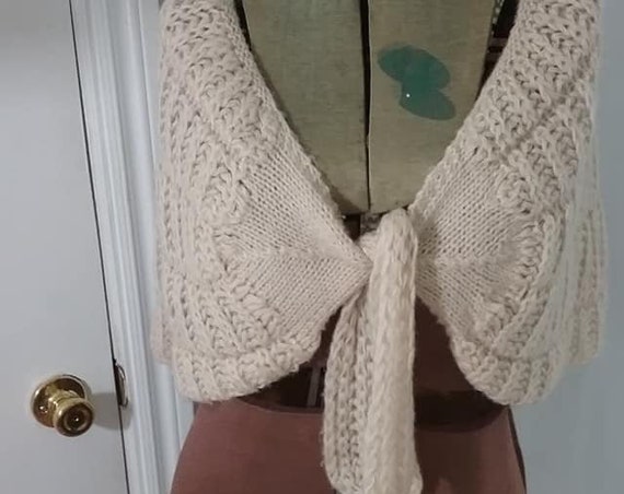 Chunky Knit Ivory Shrug, Front Tie Stole, Shawl