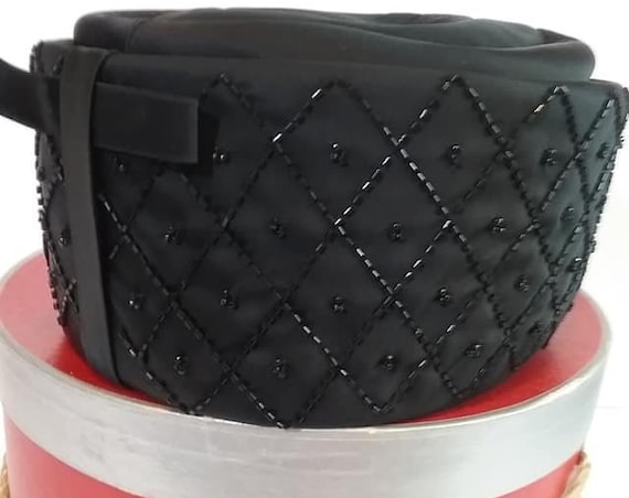 1950's Pillbox Hat with Original Hat Box, Black Beading and Satin
