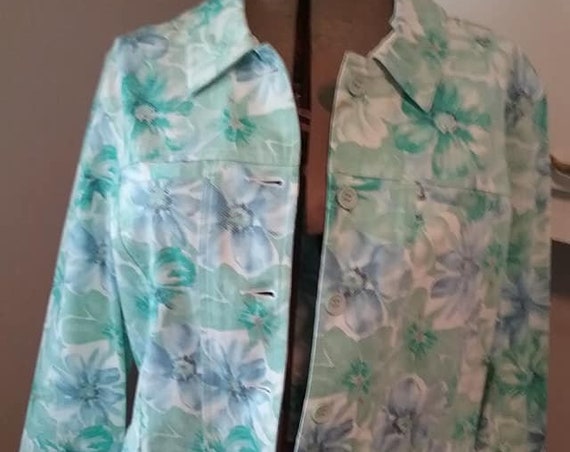 Vintage Floral Jacket, Women's Floral Jean Style Jacket, Women's Blue and Green Floral Casual Jacket, Authentic Shaver Lake Casuals Jacket