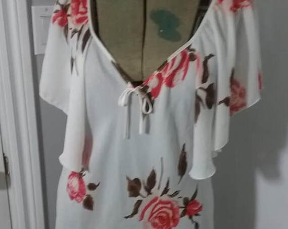 Vintage Sheer Boho Maxi, White with Coral Roses, Angel Sleeves,