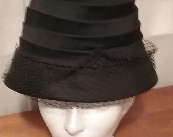 Debette of New York Vintage Hat, Vintage Bucket Hat, Vintage Pleated Bucket Hat with Netting, Black Satiny Vintage Hat with Netting