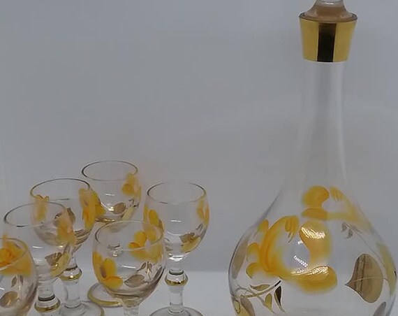 70's Mod Orange Floral Decanter and Liquer Shot Glasses