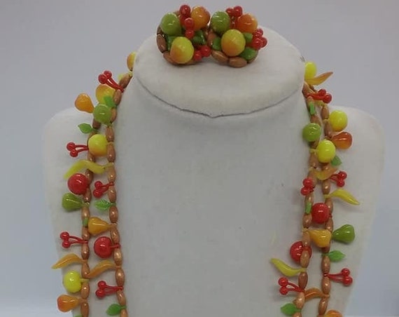 Lucite Fruit Salad Double Strand Necklace and Cluster Earrings, Made in Germany