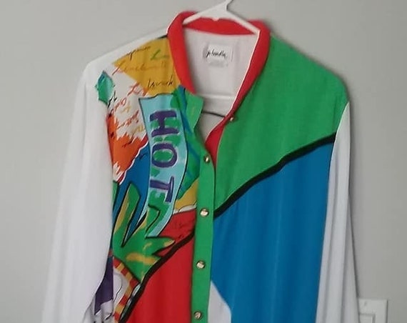 Vintage Jo Hardin Bright Color Block Blouse, Abstract Shirt Jacket, Funky Retro