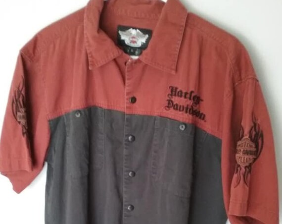 Vintage Harley Davidson Mechanic Shirt, Vintage Harley Davidson Short Sleeve Biker Shirt, Harley Davidson Black and Rust Shirt, HD Top