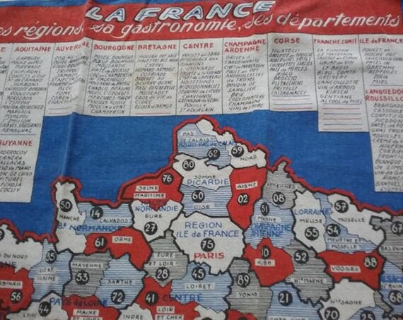 60's French Tea Towel, Fabric Wall Art of France, Regions and Food