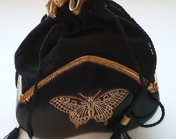 Vintage Drawstring Evening Purse, Butterfly Applique
