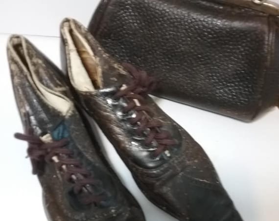 Black Antique Edwardian Leather Shoes and Matching Purse
