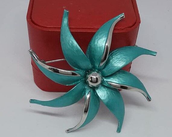 Vintage Park Lane Brooch, Teal and Silver Floral