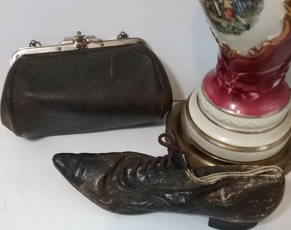 Black Antique Edwardian Leather Shoes and Matching Purse