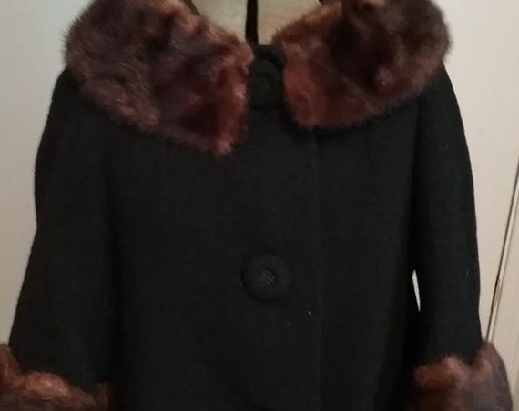 Vintage Women's Wool and Fur Coat, Vintage Persian Wool Swing Coat, Black Persian Wool with Mink Collar and Cuffs Swing Coat, 60's Wool Coat