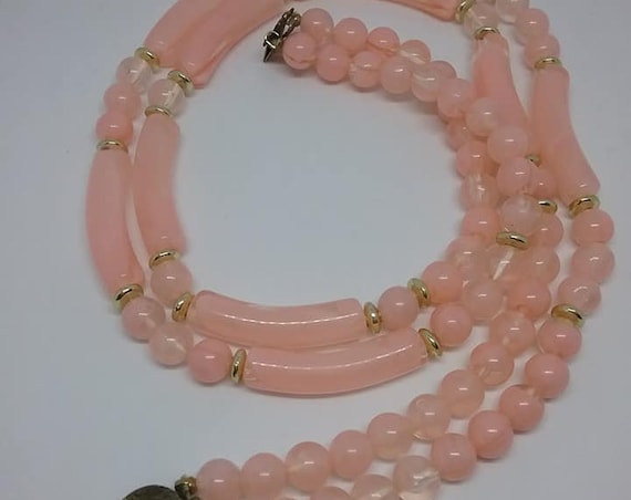 Vintage Pink Moonglow Beads, Vintage Pink Moonglow Double Strand Necklace, Moonglow Two Strand Beaded Necklace, Light Pink Moonglow Beads
