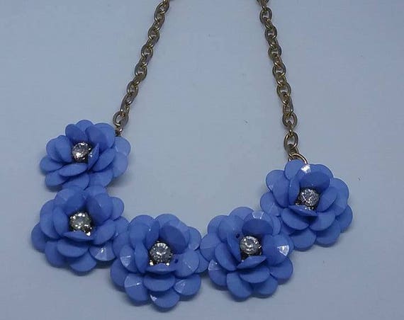 Vintage Flower Blue Acrylic Bead and Rhinestone Choker,