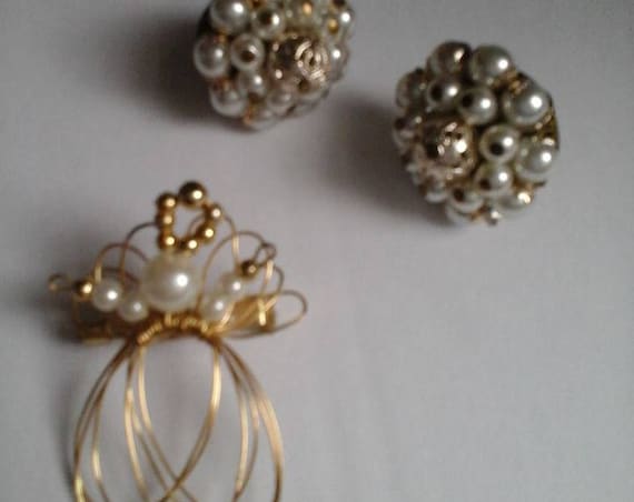 Vintage Pearl Angel Brooch and Earring Set