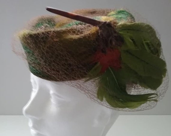 Vintage Feather Pillbox Hat, Vintage Netted Feather Pillbox Hat, 1960's Camille Feather Hat, Vintage Feather Pillbox Hat by Camille Hat Shop