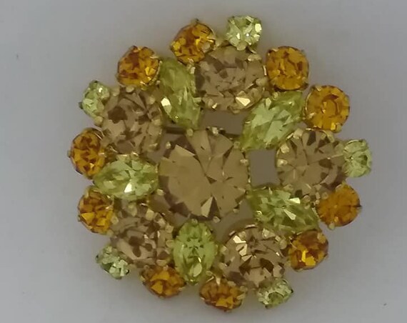 Vintage Austrian Crystal Brooch, Orange and Yellow Pronged Austrian Crystal Brooch, Hallmarked Austrian Brooch, Floral Austrian Crystal Pin