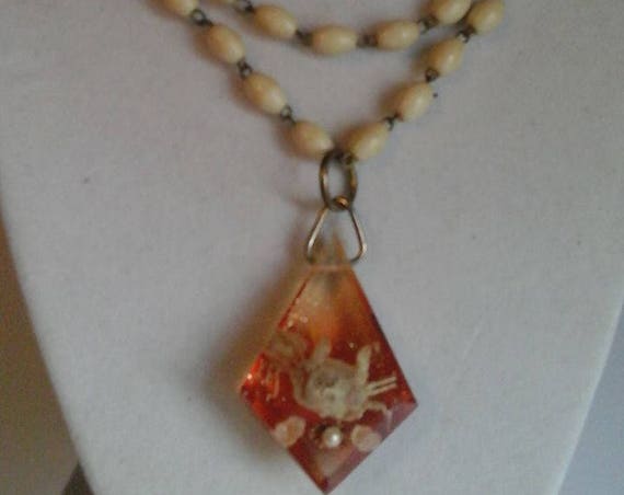 Oddity Bead Necklace with Mini Crab, Pearl and Shells in Resin Pendant, Steampunk Oddity, Beach Jewelry, Nautical Jewelry
