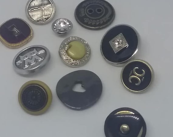 Vintage Sewing Buttons, Mixed Metal and Design Buttons, unique Buttons for Crafting or Sewing, Sewing Notions of 11 Buttons