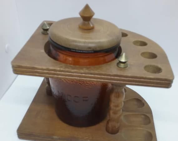 Walnut Wood 7 Pipe Stand, Brown Glass Humidor