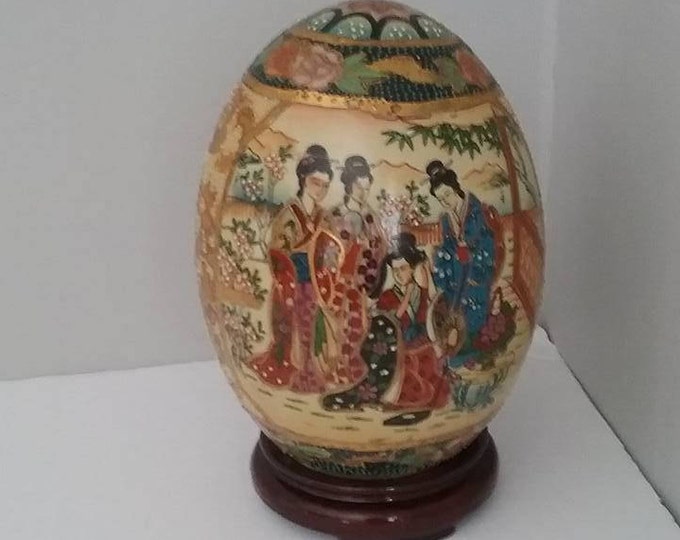 Vintage Satsuma Egg, Satsuma Pottery Egg on Wooden Stand, 6 Satsuma