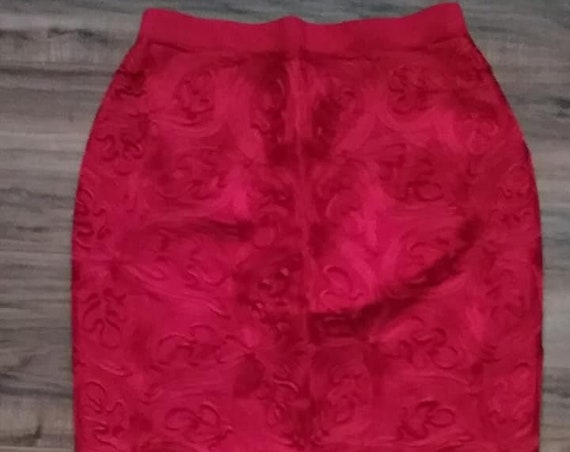 Red Vintage Satin Brocade, Short Pencil Skirt
