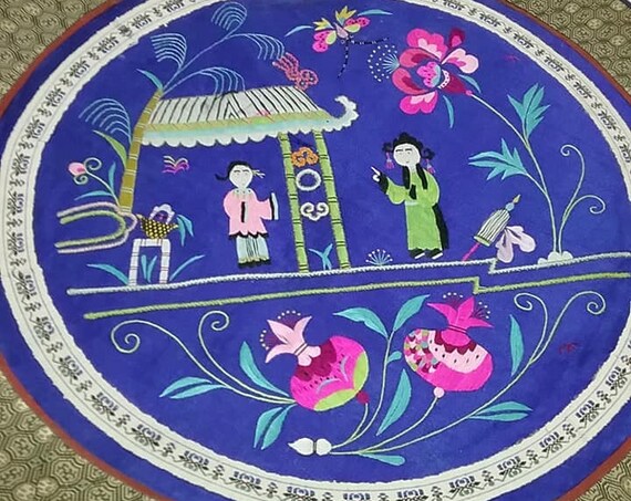 Vintage Silk Embroidered Placemats, Asian Silk Round Tabletoppers, Set of 6 Silk Placemats