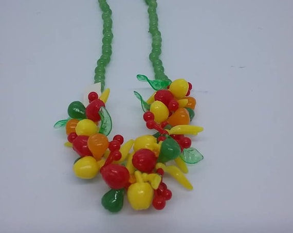 Mid-century Mod Fruit Salad Necklace, Plastic, Faux Jade Beads