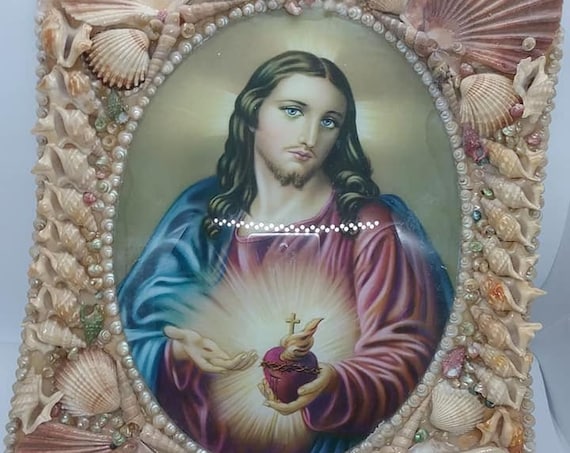 Jesus Art, Sacred Heart of Jesus Beveled Glass Picture, Seashell Frame