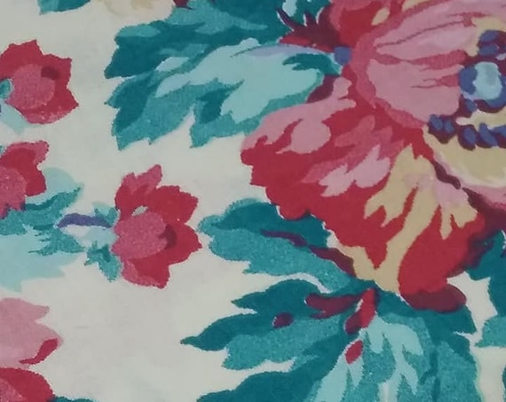 Vintage Floral Cotton Material, Pink and Blue Floral, 3 Yards Fabric,