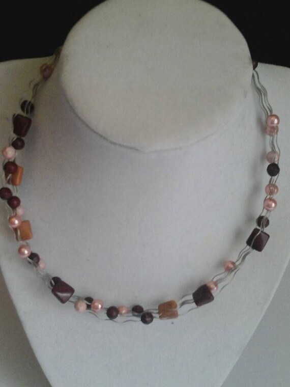 Four Wire Wrapped Beaded Choker, Pink and Black Beads, Wire Wrapped Bead Choker, Bead Wrapped Chain